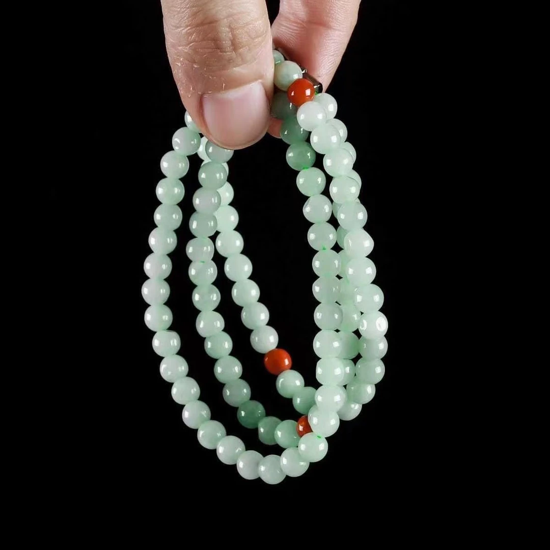 【甄选精品】天然翡翠Ａ货老型玉石项链108颗时尚长链三圈串珠手链