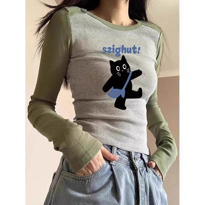 2025新款秋冬季内搭紧身高腰辣妹上衣插肩长袖短款t恤女打底衫ins