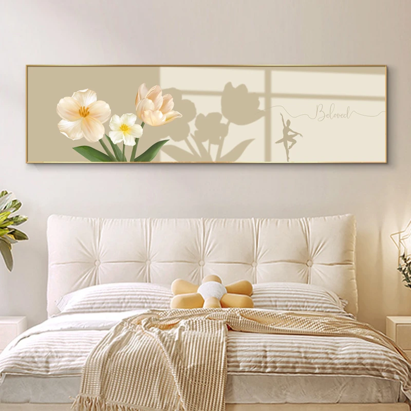 现代简约风小清新温馨植物花卉单幅横版卧室床头背景墙装饰画