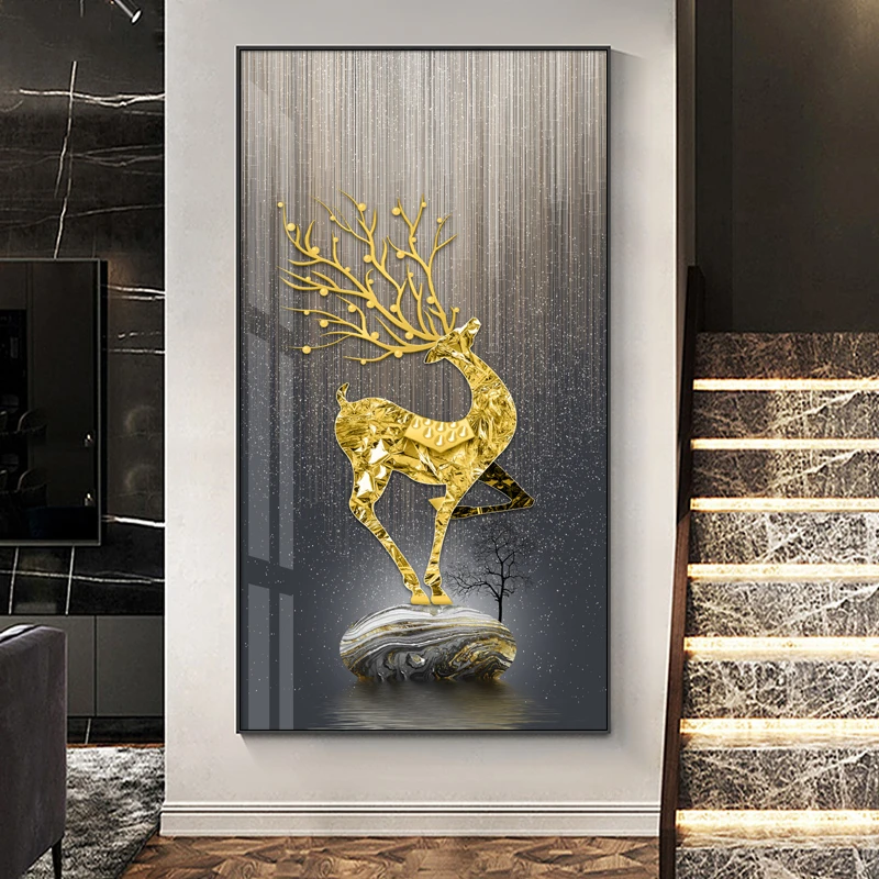 现代简约玄关装饰画入户玄关走廊轻奢风麋鹿招财竖版壁画