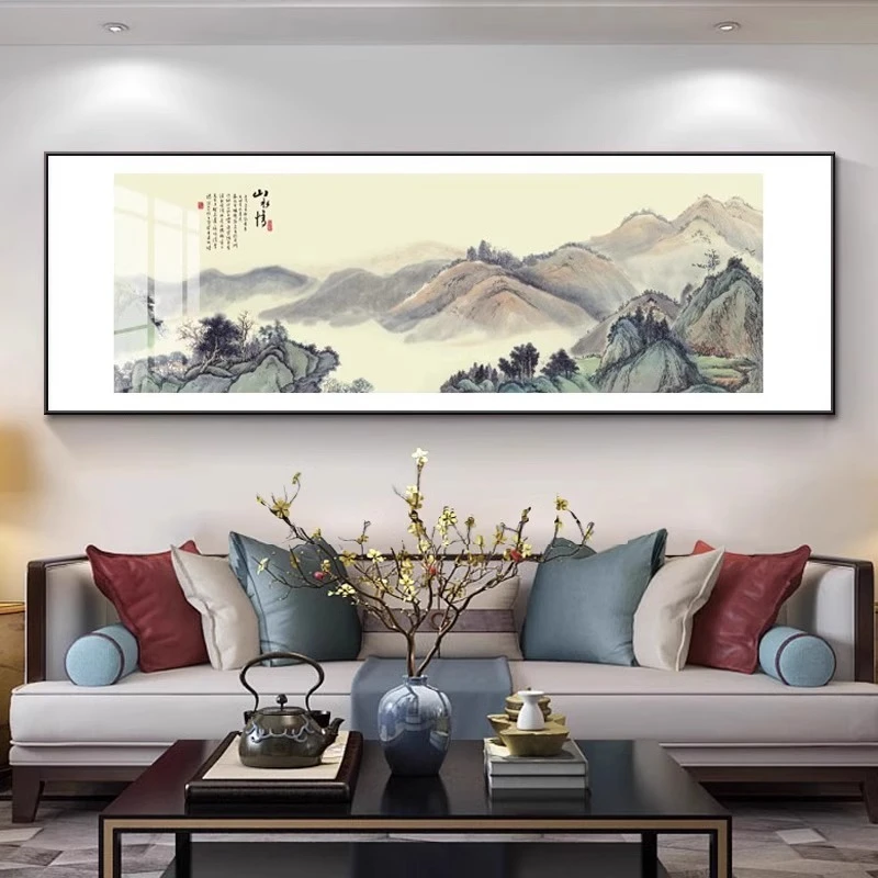 中式客厅装饰画流水生财中国风名画横幅壁画高级感沙发背景墙挂画