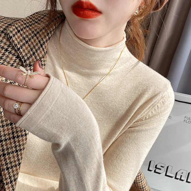 2024秋冬新款修身卷边半高领针织衫气质毛衣打底衫女洋气百搭长袖