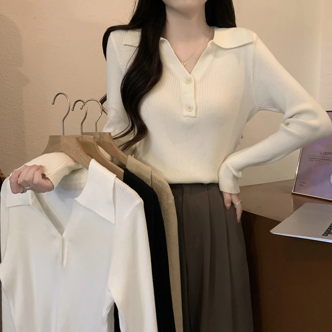 2024春秋季新款针织衫女polo领纽扣打底长袖内搭修身毛衣显瘦上衣