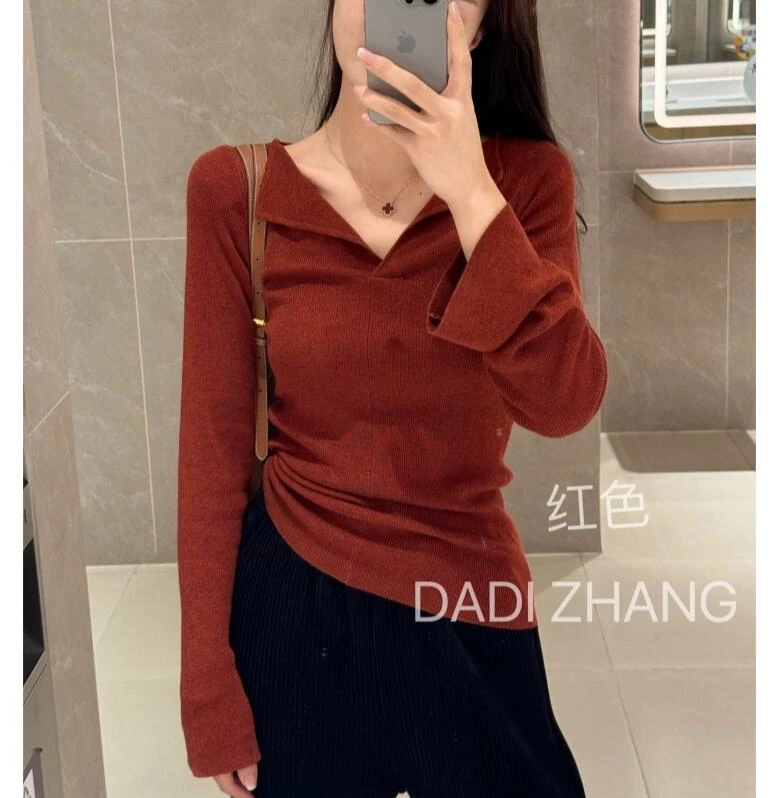 2024秋季新款V领修身显瘦软糯黑色毛衣针织打底衫女气质网红ins