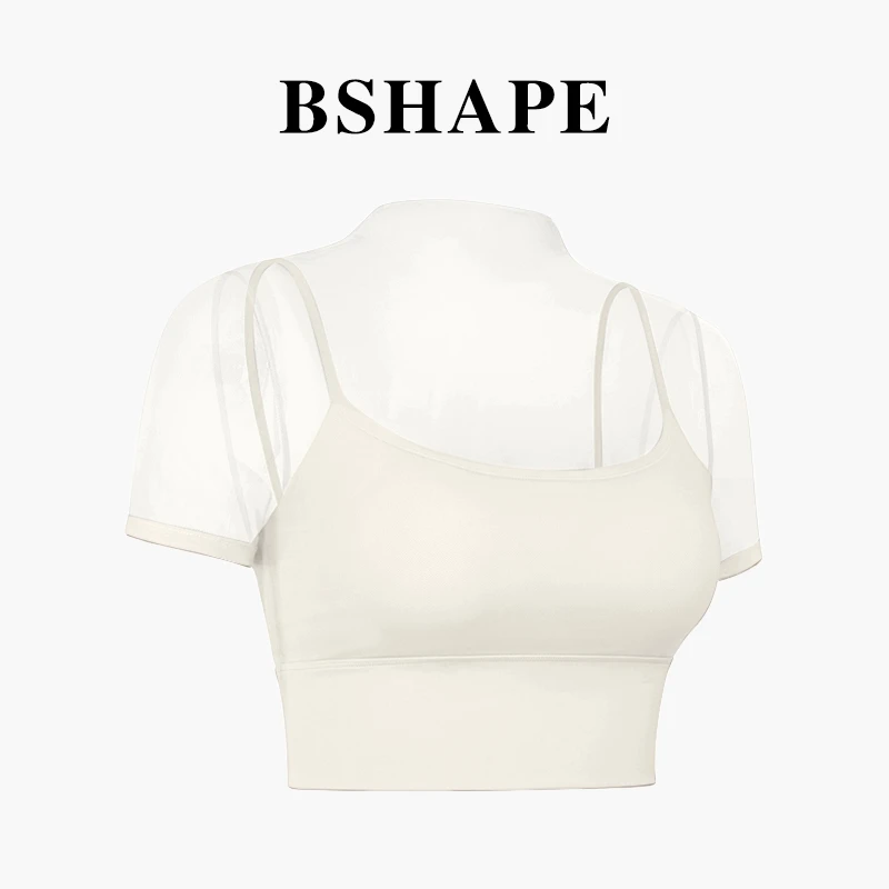 浅象牙【高定】&5021-w瑜伽服网纱假两件短袖运动一体式T恤跑步上衣