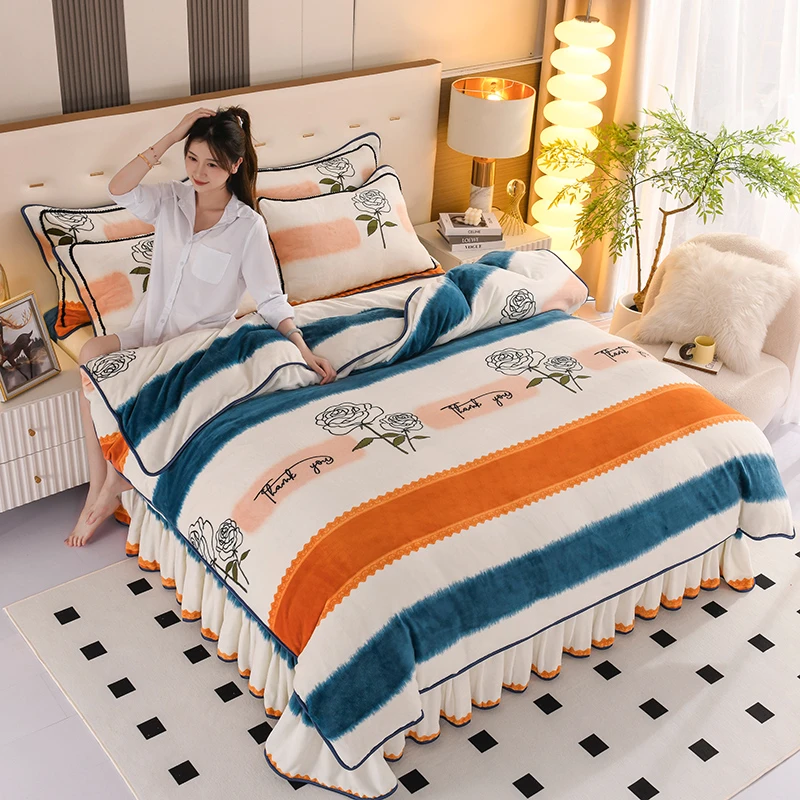 新款冬季牛奶绒四件套法莱珊瑚绒被罩加厚网红床裙款罩床三件套