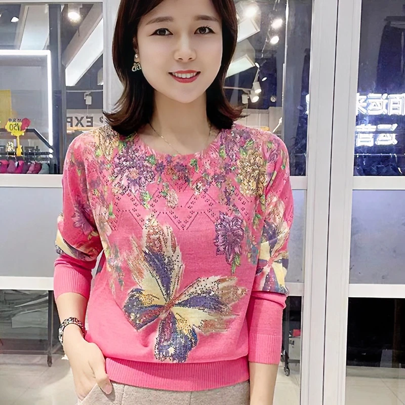 烫钻打底衫2024秋季高档洋气长袖女款印花显瘦气质减龄上衣女宽松