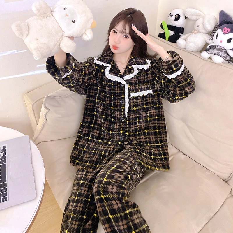 女款睡衣加绒加厚秋冬甜美保暖卡通休闲可外穿长袖套装女家居服潮