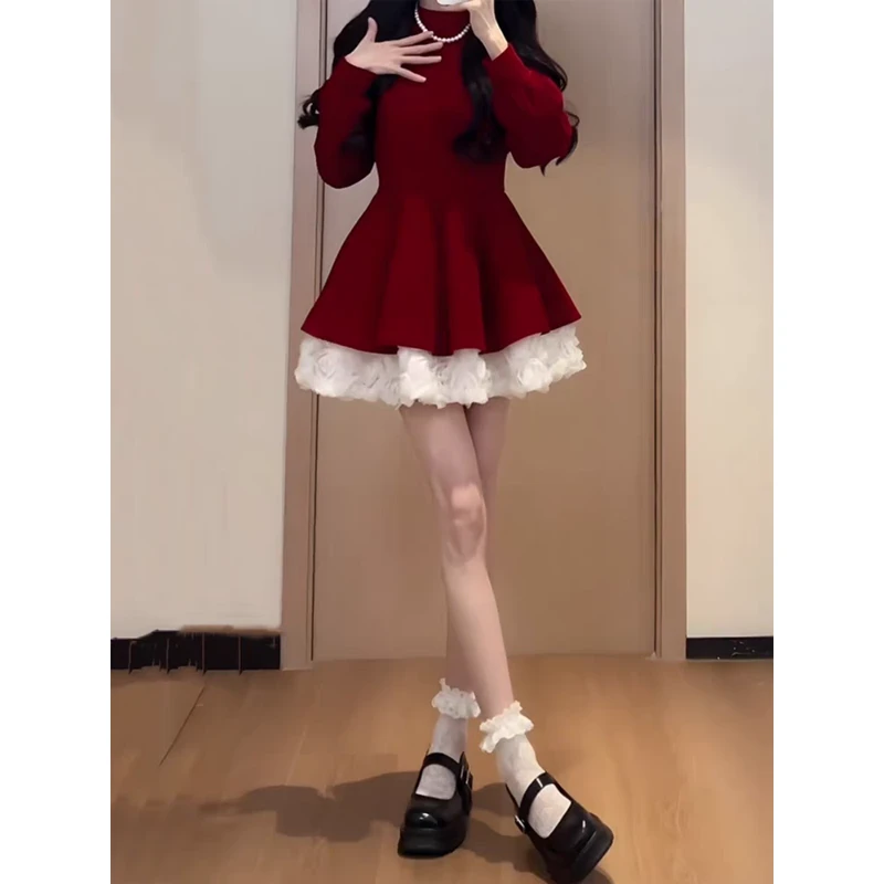 红色圣诞丝绒连衣裙女秋冬假两件本命年气质收腰显瘦a字新年短裙