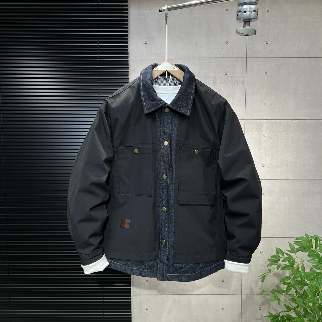 冬季牛仔拼接假两件翻领轻薄羽绒服外套休闲百搭潮流宽松美式夹克