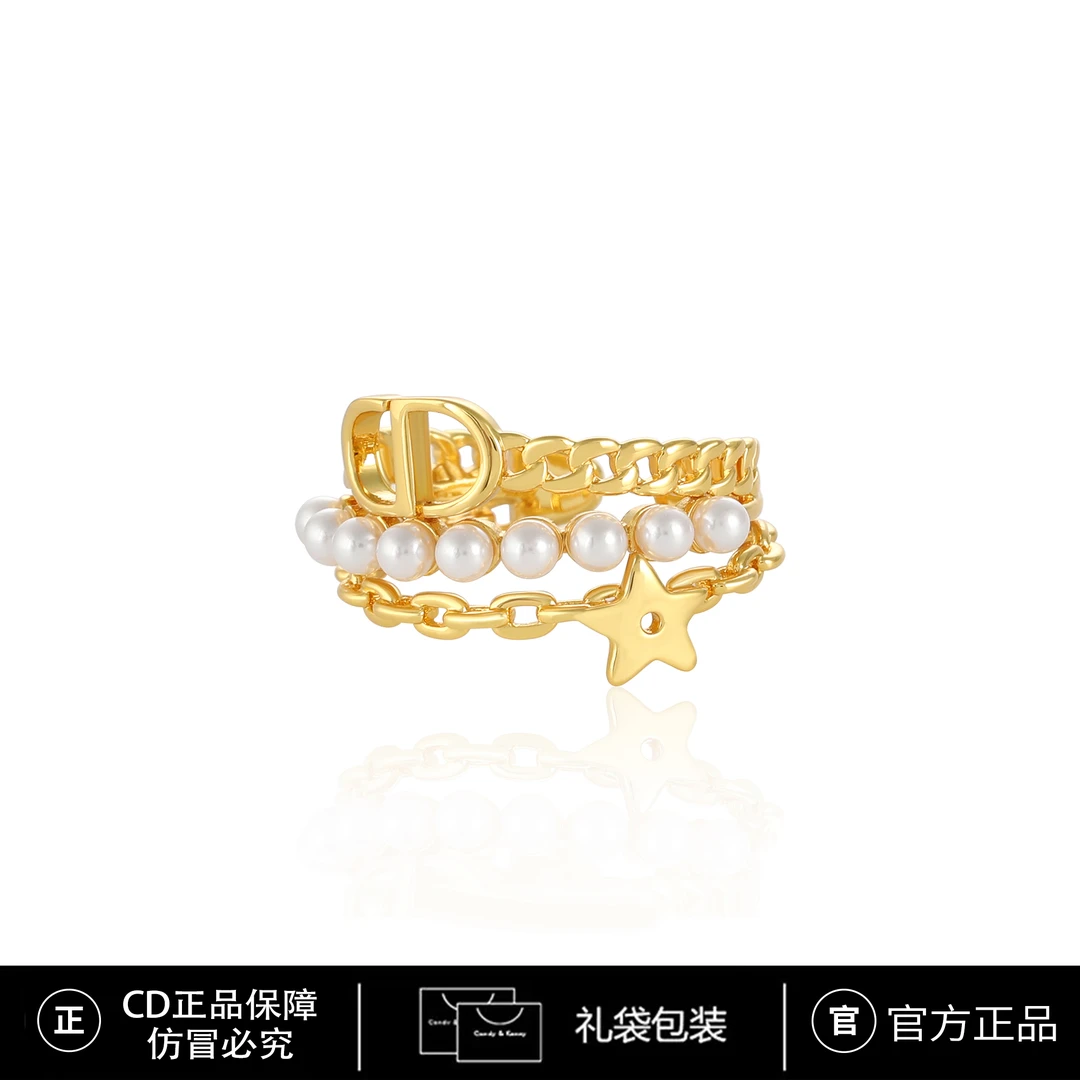 铜合金仿珍珠戒指 CD星星气质欧美简约多层开口戒指 3885