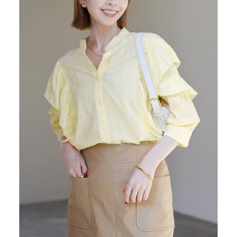 【强哥外贸】牌 夏季新款 S 设计感甜美全立体凹凸荷叶边衬衫