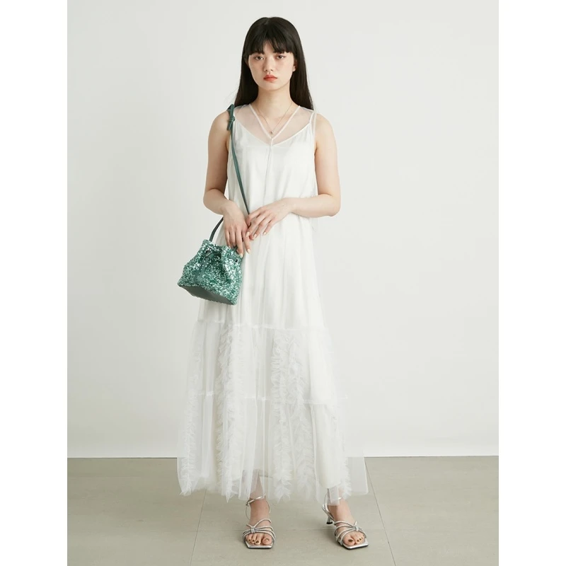 【强哥外贸】 杂志款 L 两穿气质薄纱荷叶边显瘦连衣裙吊带