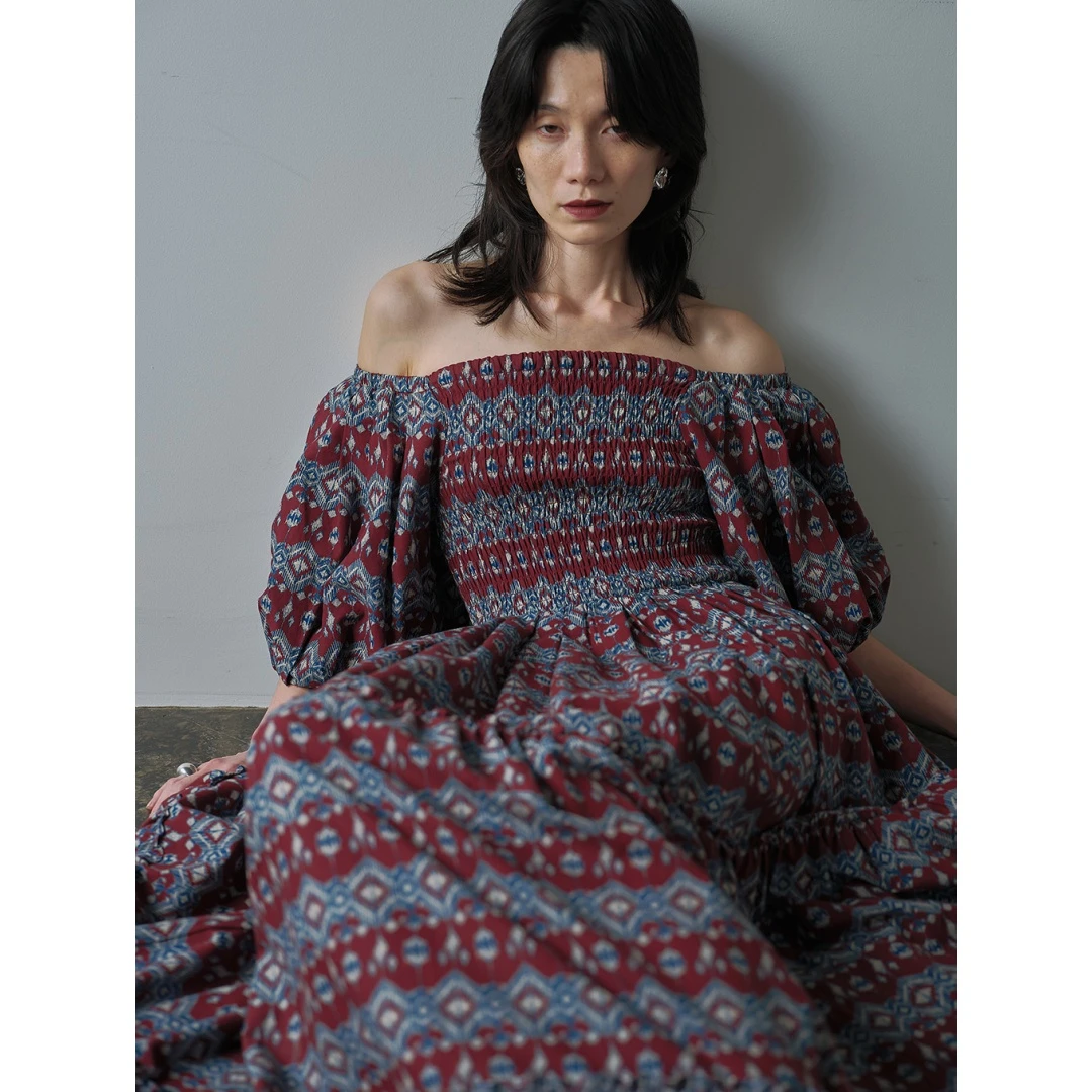 【Yorozuya】日系品牌 夏季新款 代 异域风情复古泡泡袖露肩连衣裙