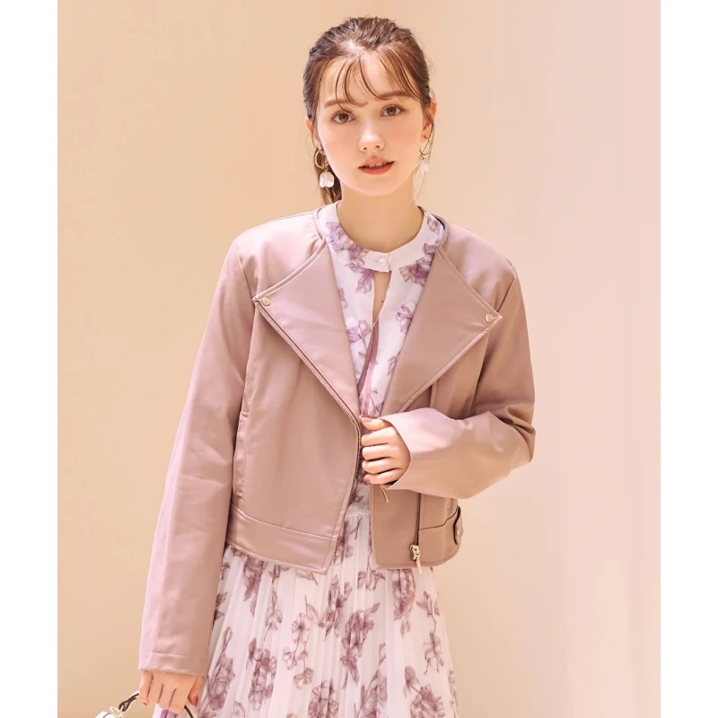 【SAKURA】日系品牌秋冬上新W气质百搭翻领时尚短款春季皮衣外套