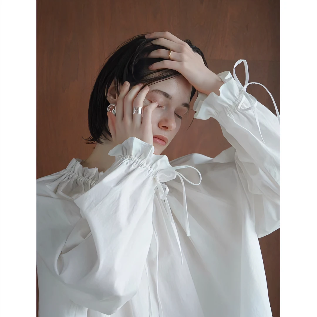 【强哥外贸】春季纯色  松 上衣抽褶灯笼袖宽松木耳系带衬衫