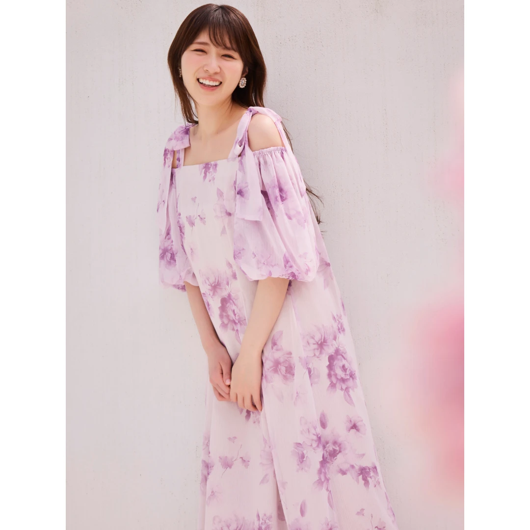 【Yorozuya】日系品牌 松村沙友理 L 杂志画报印花纯色系带连衣裙