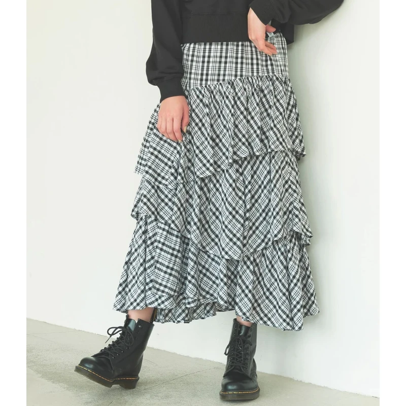 【强哥外贸】  春季新款 M 气质高腰时尚百搭半身格子裙