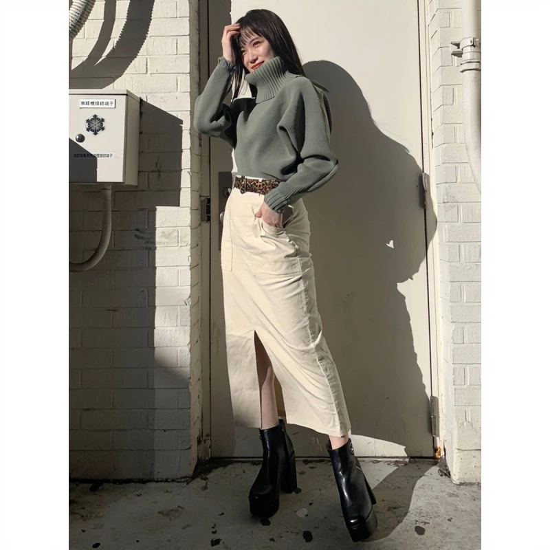 【强哥外贸】秋冬上新 M 气质豹纹纯色显瘦腰带收腰半身裙