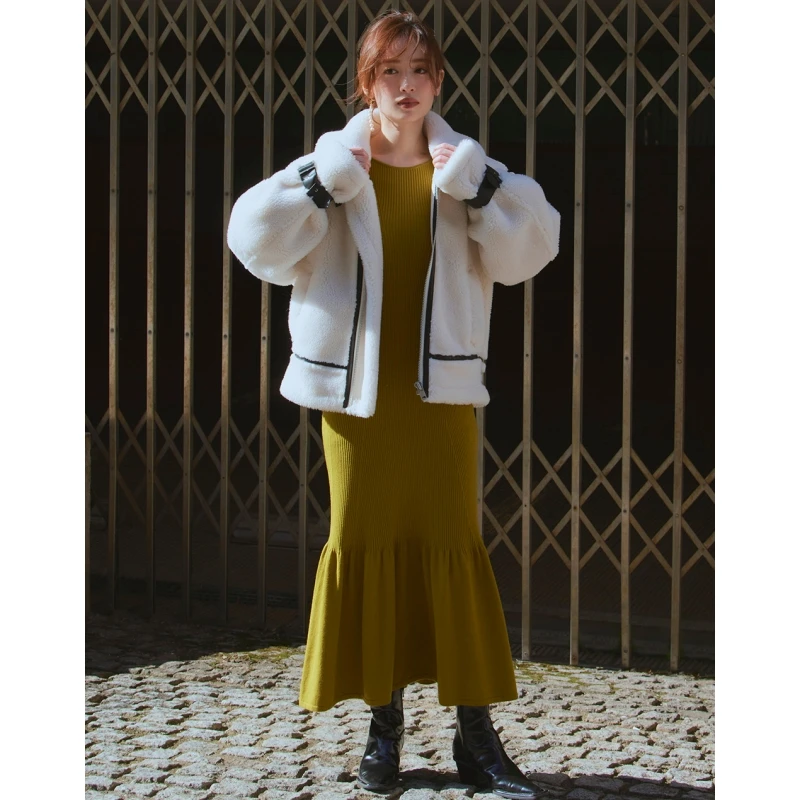 【强哥外贸】日系品牌 明星画报款 F 2way下摆褶皱罗纹针织连衣裙