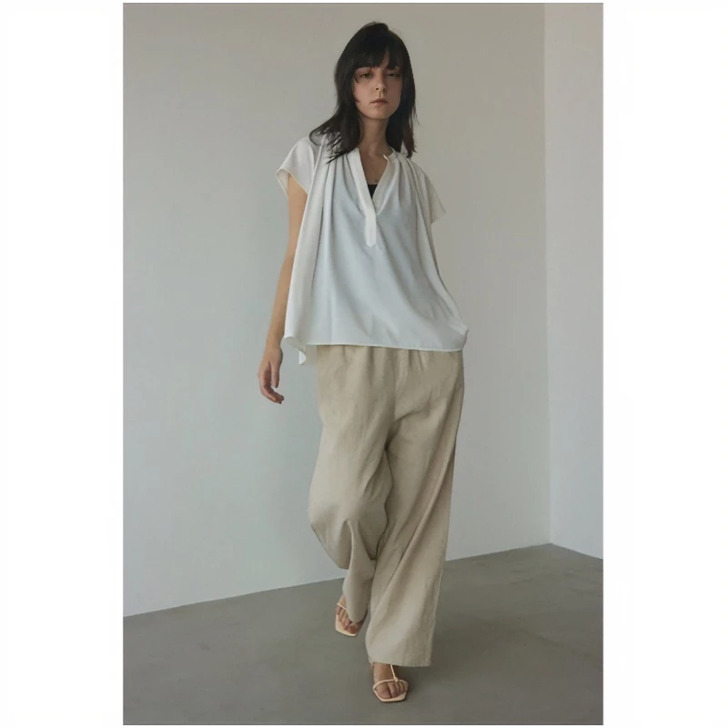 【强哥外贸】 M 夏季新款 圆领套头V领休闲褶皱宽松T恤