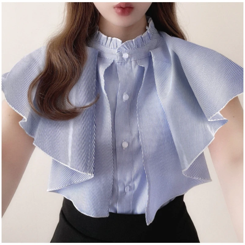 【强哥外贸】夏季新款 G 条纹百搭荷叶边设计感时尚打底气质衬衫