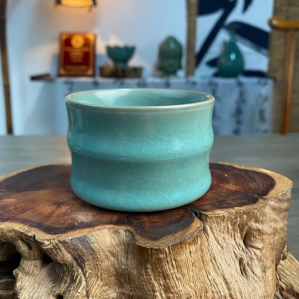 仿古釉竹节杯（微瑕）省工任全现手签款原矿玛瑙入釉开片可养