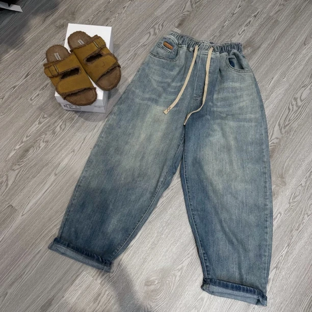 【M.E抽绳牛仔裤】水洗百搭破洞牛仔裤宽松秋季韩版抽绳时尚老爹裤