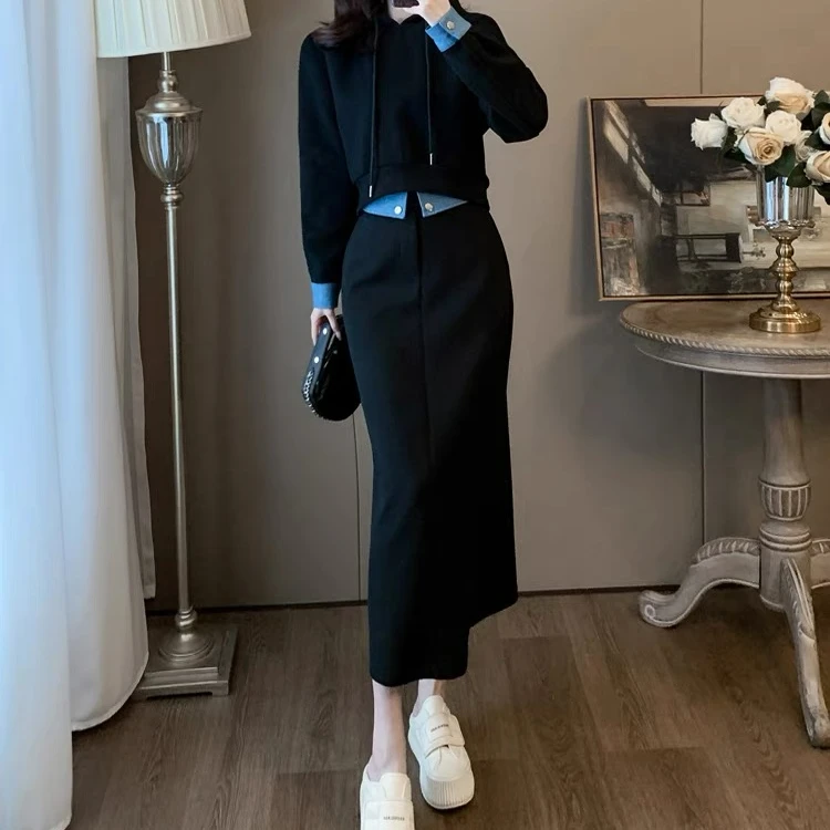 2025新款春秋休闲运动装套装女时尚开叉半身裙卫衣两件套