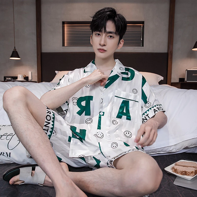 【高档冰丝】男士冰丝睡衣短袖短裤夏天男生开衫休闲家居服可外穿