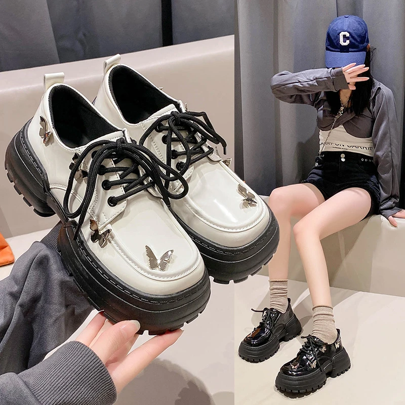 英伦风小皮鞋女2023春新款厚底复古乐福鞋学院系带玛丽珍松糕单鞋