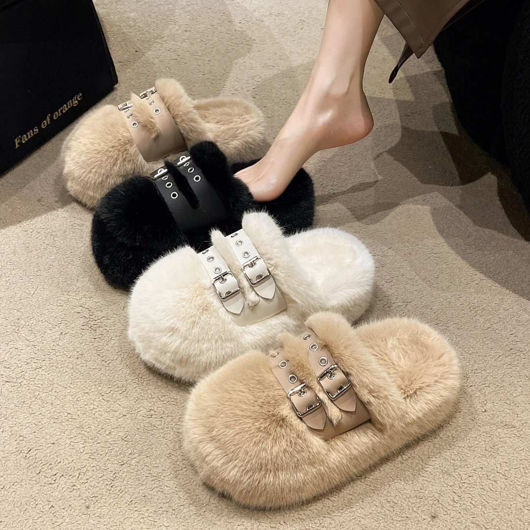 厚底毛毛拖鞋女加绒保暖网红时尚韩版百搭软底防滑秋冬毛毛鞋女款