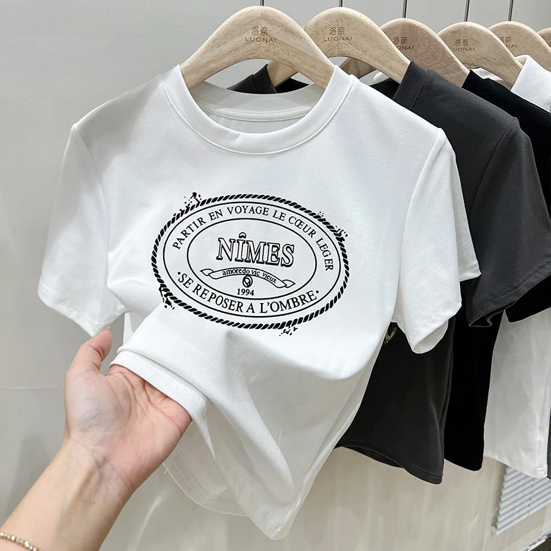 圆领正肩半袖t恤短款2025新款设计感小众上衣女装显瘦夏季百搭ins