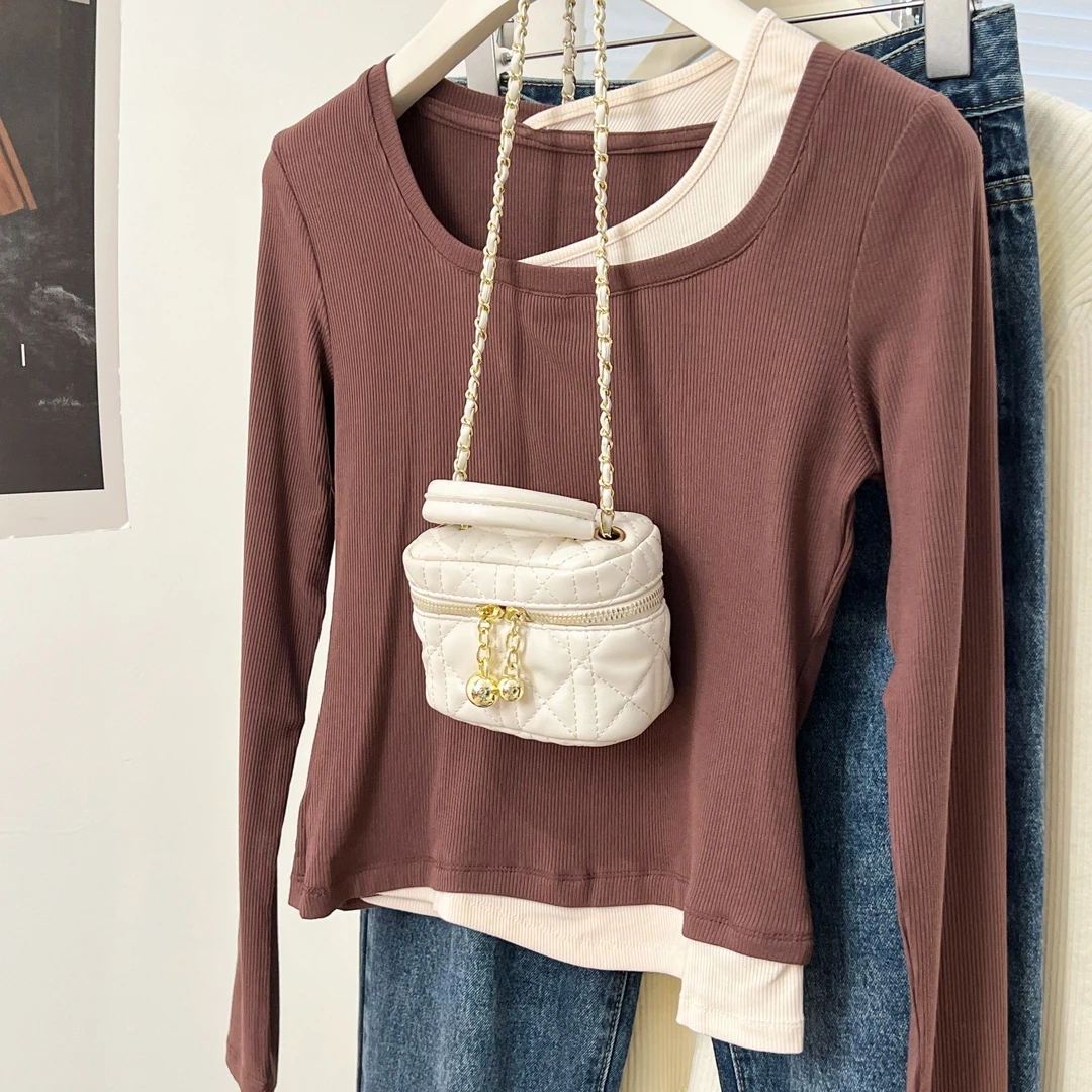 拼接长袖t恤女早秋独特别致小衫假两件方领短款上衣内搭打底衫潮