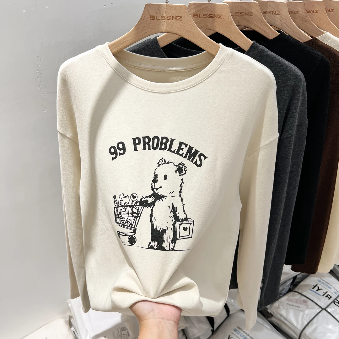 卡通小熊印花圆领长袖t恤女2025年新款设计感小众上衣磨毛打底衫