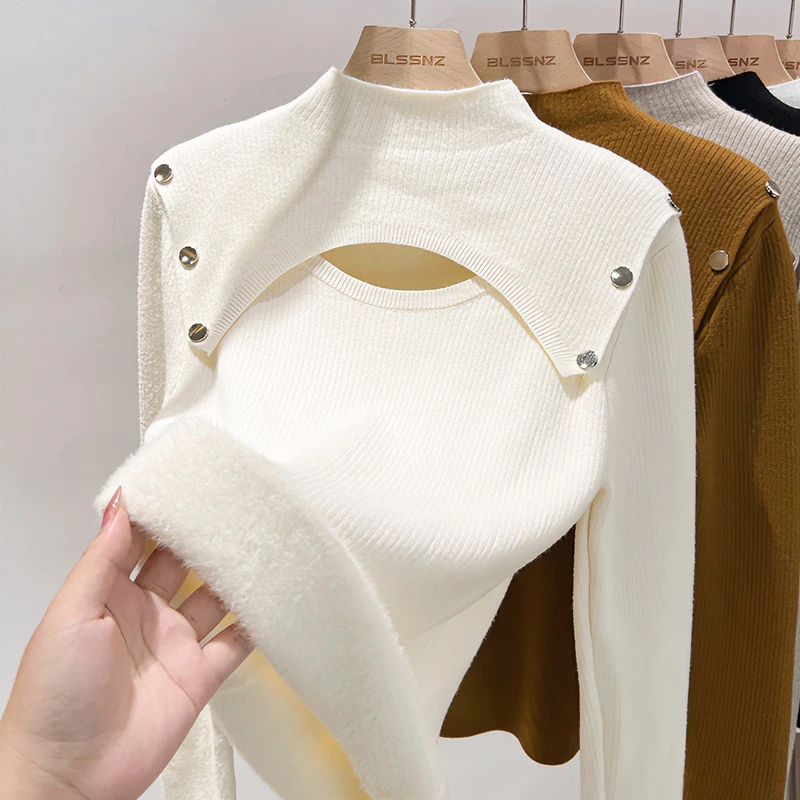 镂空半高领厚毛衣加绒加厚长袖针织洋气一体绒设计感秋冬上衣百搭