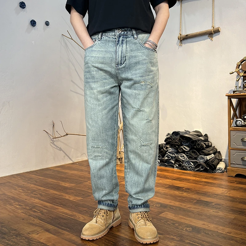 破洞牛仔裤男2025夏季宽松无弹百搭浅色男士时尚直筒高端休闲裤子