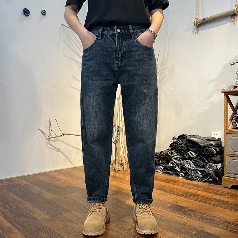 蓝色九分牛仔裤男2025冬季厚款百搭男士高端宽松锥形加绒休闲裤子