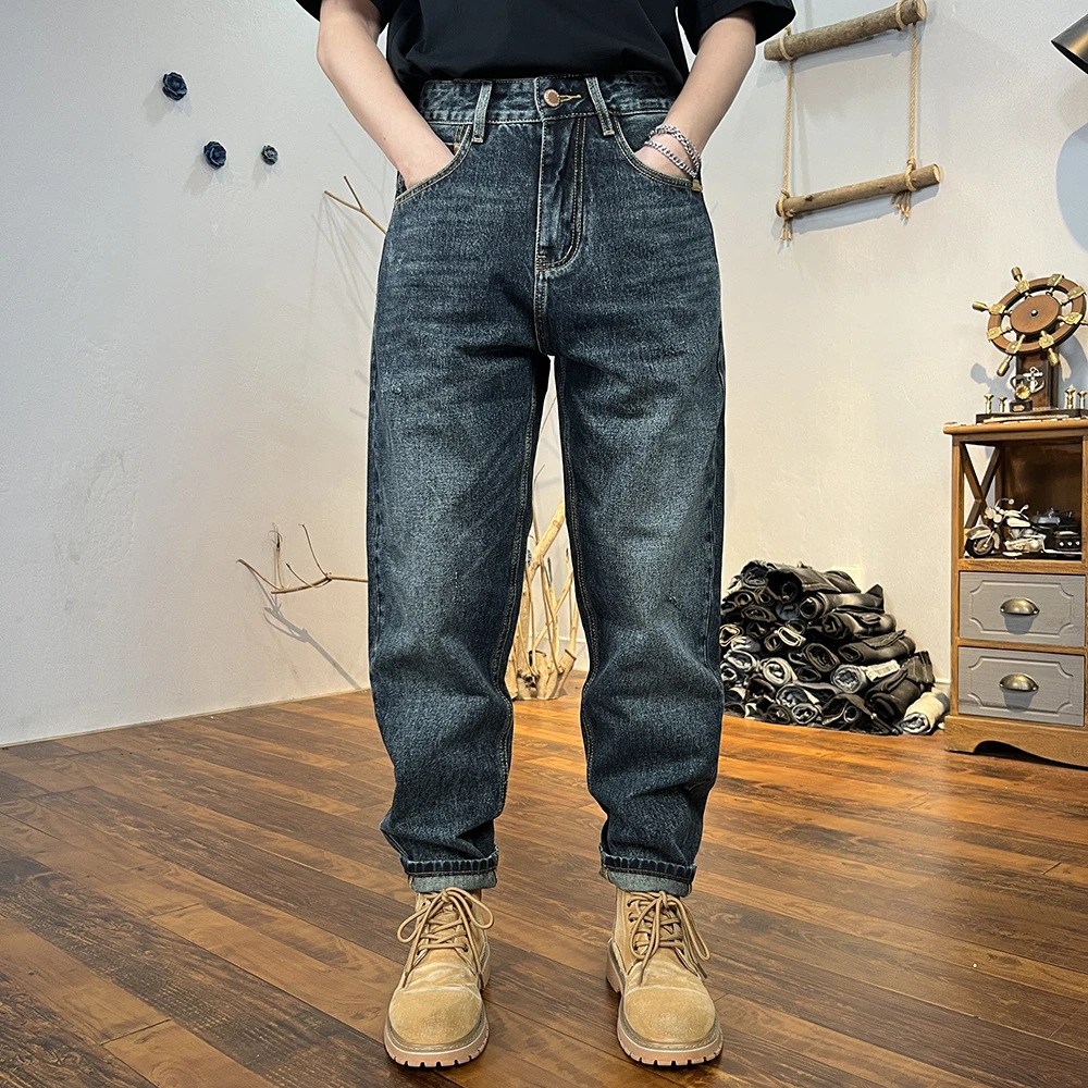 九分牛仔裤男2025冬季厚款高端宽松直筒男士无弹锥形加绒休闲裤子