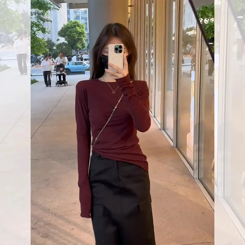 安可拉穿搭圆领打底衫女士秋冬修身显瘦内搭安可拉红长袖T恤上衣