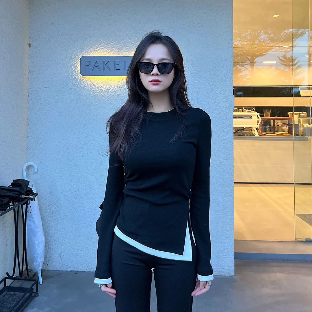 假两件长袖t恤女2025新款撞色修身内搭打底衫开叉下摆不规则上衣