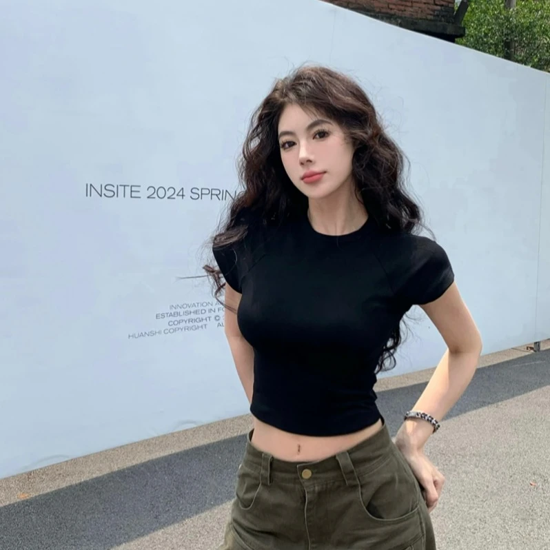 设计感正肩白色简约t恤短袖女飞飞袖高腰修身辣妹短款打底衫上衣