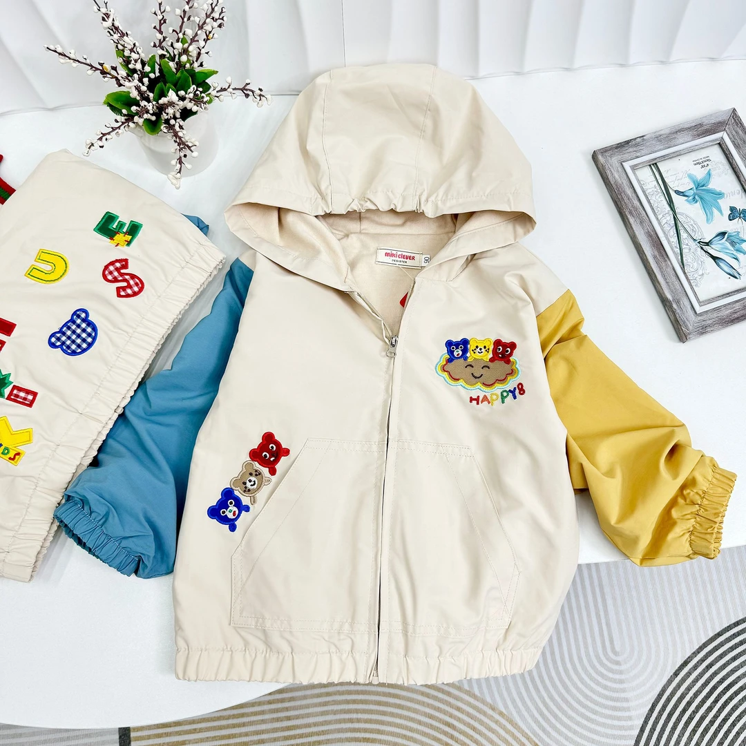 外贸日系中小童24秋季新款卡通小熊风衣男女童装连帽开衫外套5021