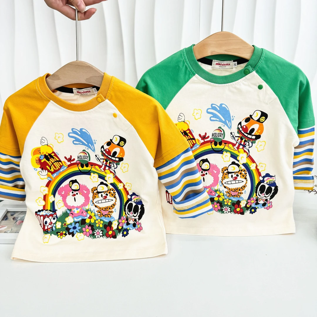 外贸日系儿童装T恤24秋新款男女童jam彩虹T卡通假两件插肩袖T5085