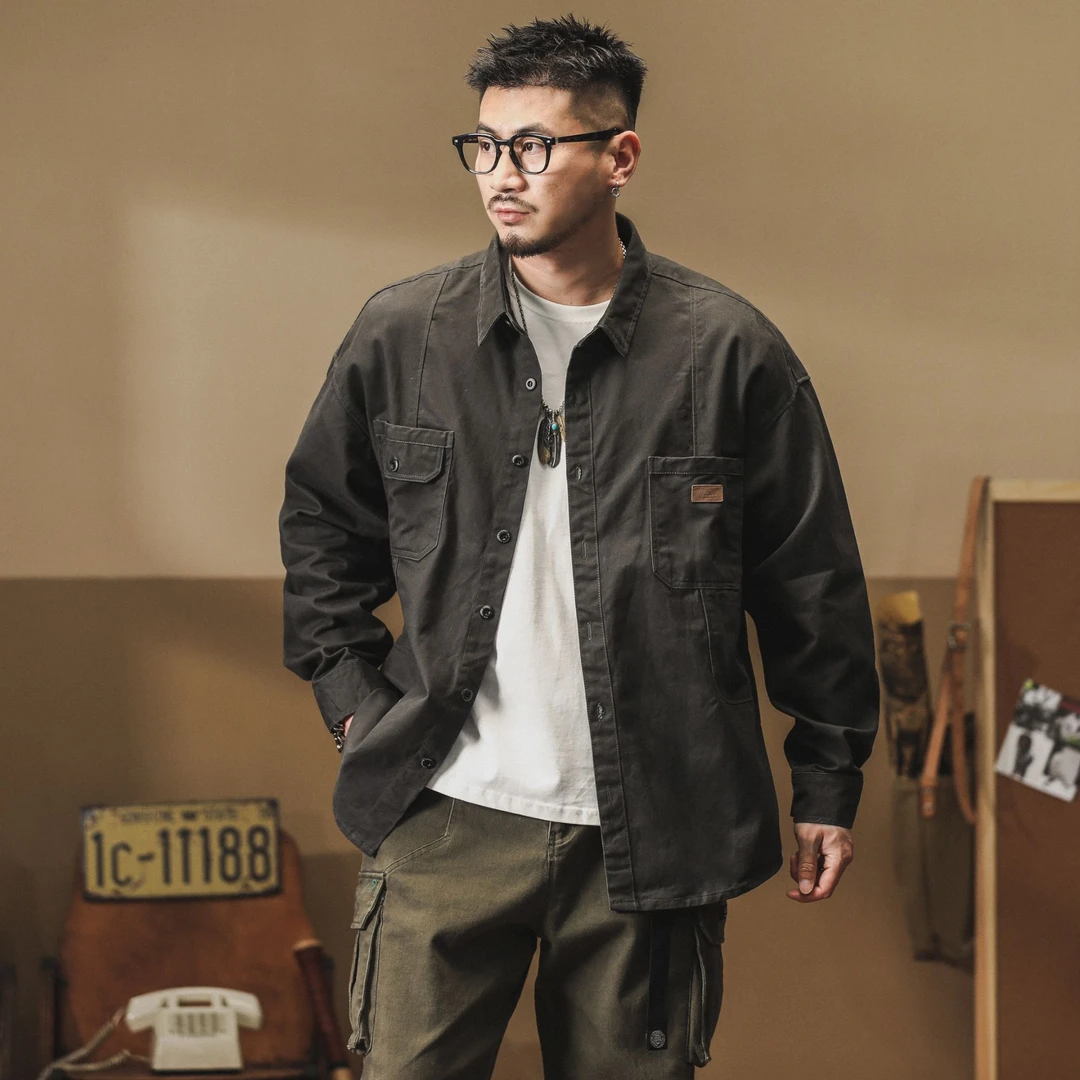 2024新款春秋宽松工装外套男纯棉工装夹克男装衬衫休闲上衣男