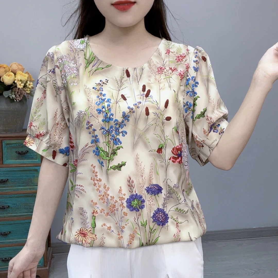 夏季时尚新款T恤宽松2024洋气妈妈显瘦减龄短袖印花小衫上衣