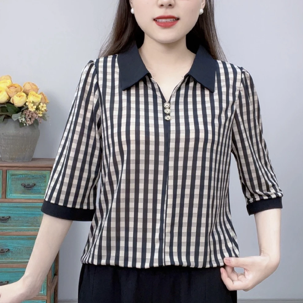 2025新款高档女装妈妈夏季衬衫洋气女士中袖显瘦遮肉衬衣薄款小衫