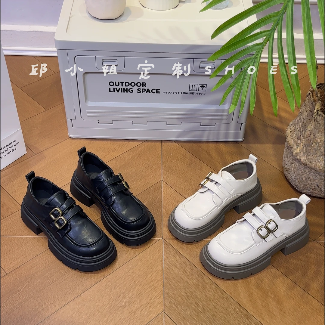 【邱小姐】搭扣厚底韩版乐福增高鞋软底圆头黑色皮鞋厚底乐福鞋