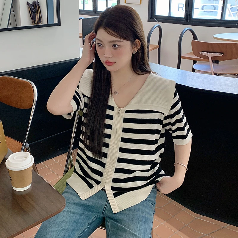大码女装海军领短袖上衣外套2024夏胖mm显瘦条纹针织开衫女
