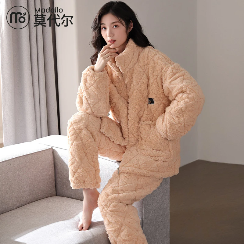 莫代尔冬季夹棉女士睡衣珊瑚绒三层加厚保暖法兰绒秋冬家居服套装